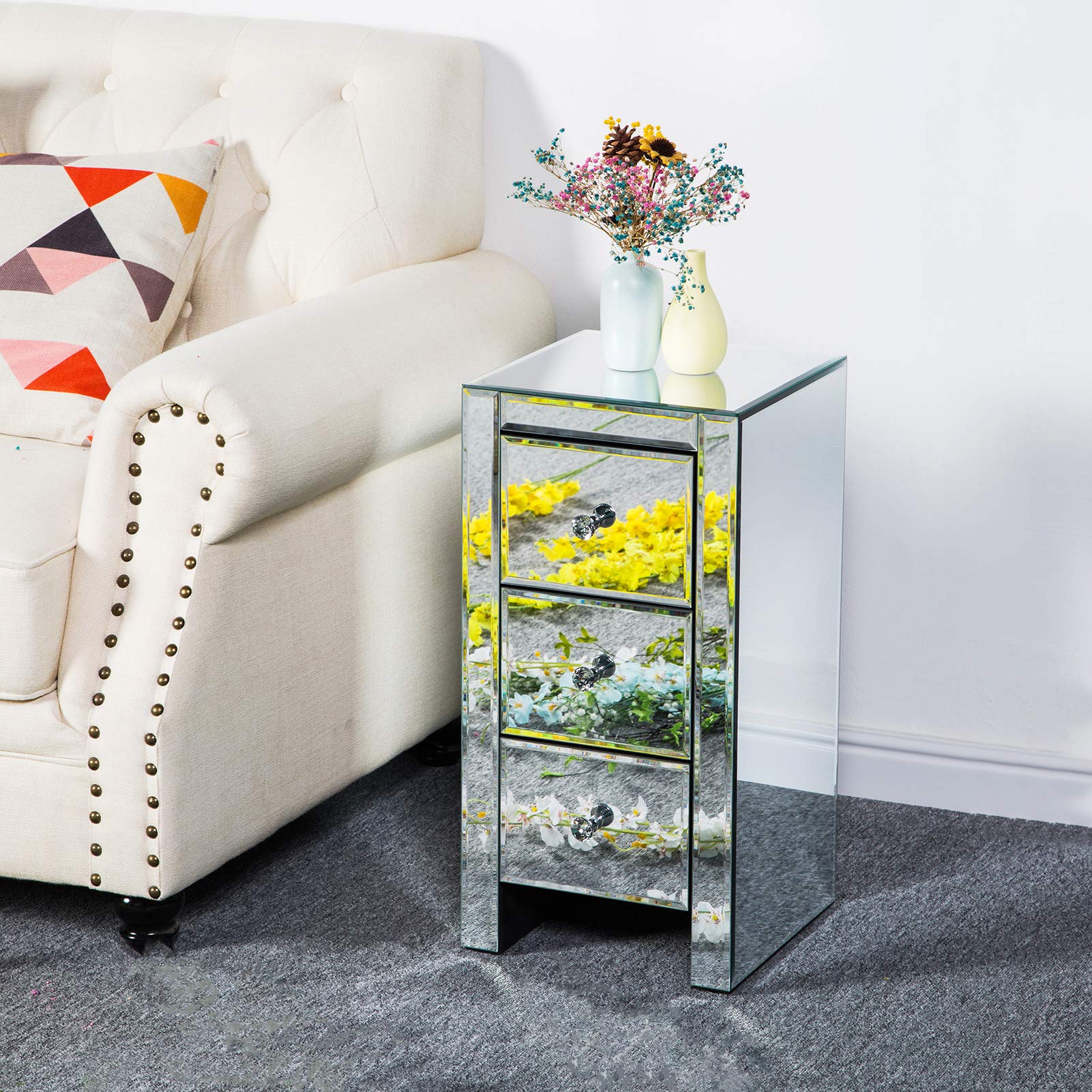 Doredo Mirrored Nightstand with 3 Drawers, Modern Silver Accent Table