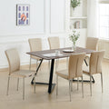 Set of 6 beige faux leather dining chairs with chrome legs and hatched diamond high back