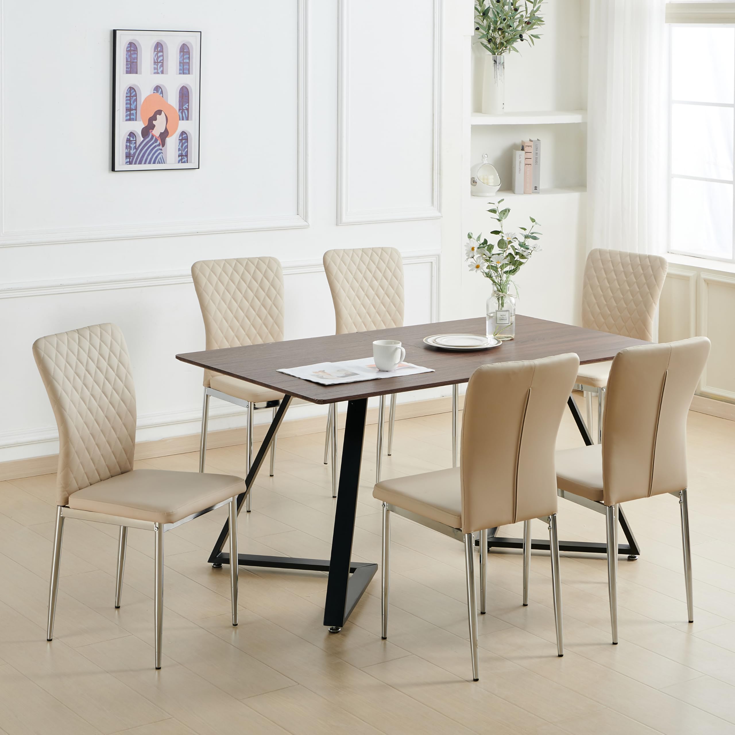 Set of 6 beige faux leather dining chairs with chrome legs and hatched diamond high back
