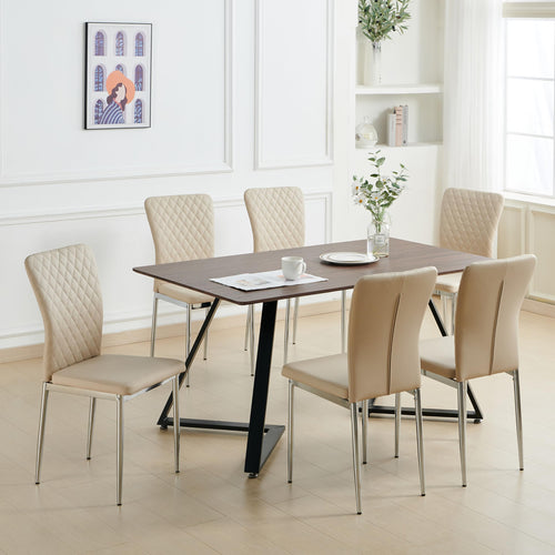 Set of 6 beige faux leather dining chairs with chrome legs and hatched diamond high back