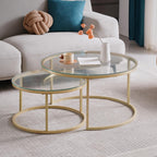 Set of 2 modern nesting coffee tables with glass top and gold finish
