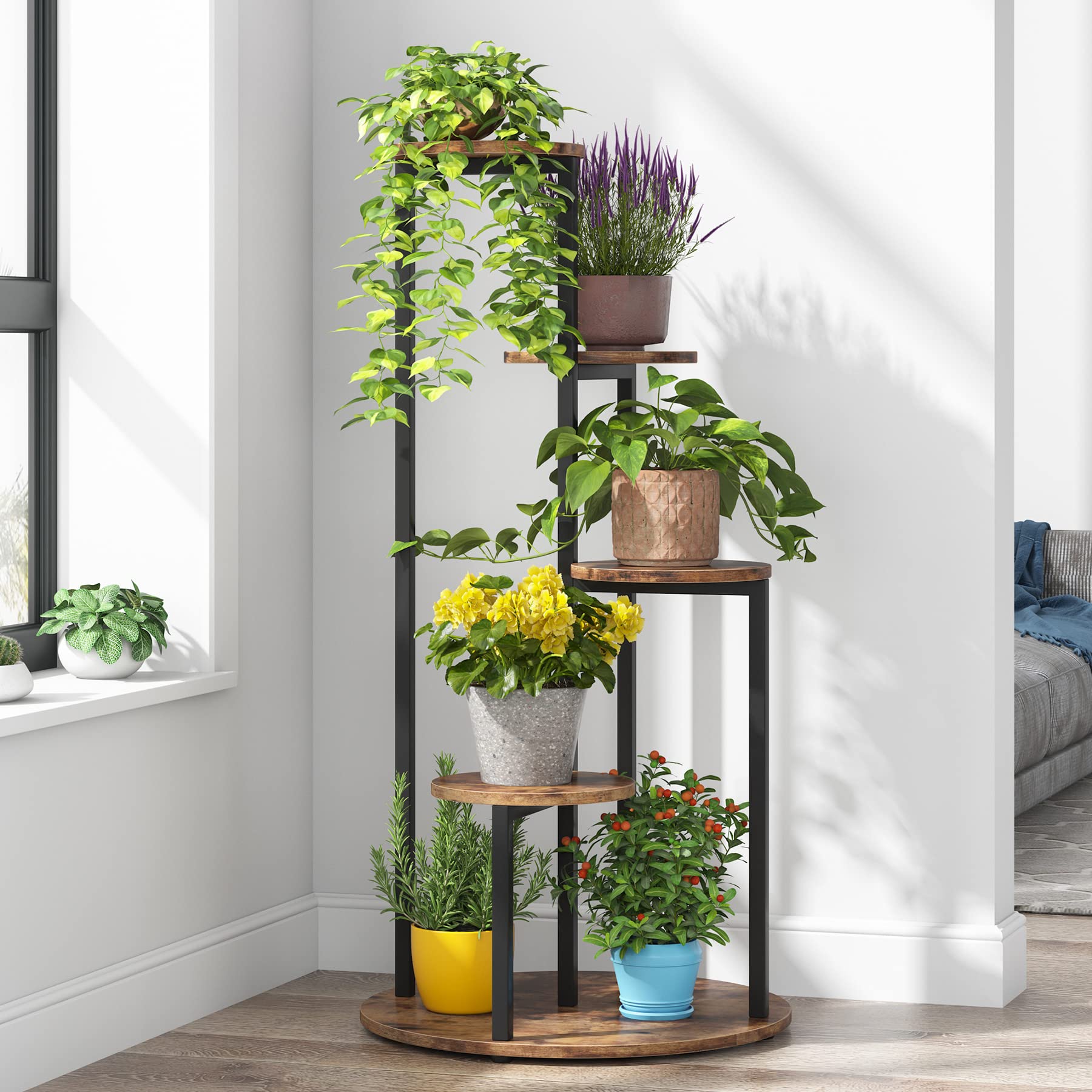 Tribesigns 4-tier corner plant stand with a rustic brown finish and metal frame