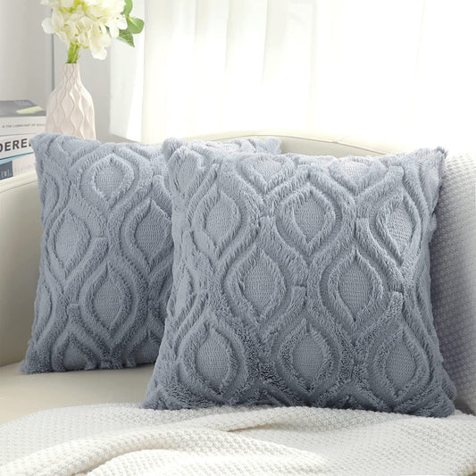 decorUhome Decorative Throw Pillow Covers 18x18, Soft Plush Faux Wool Couch Pillow Covers for Home, Set of 2, Blue Grey