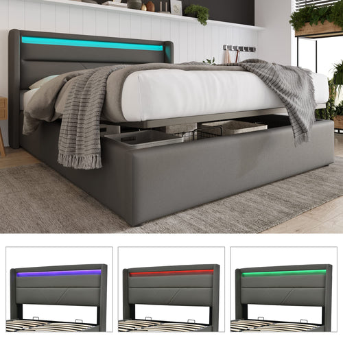 HBCKESD Hydraulic Storage Bed with LED Lighting, Grey