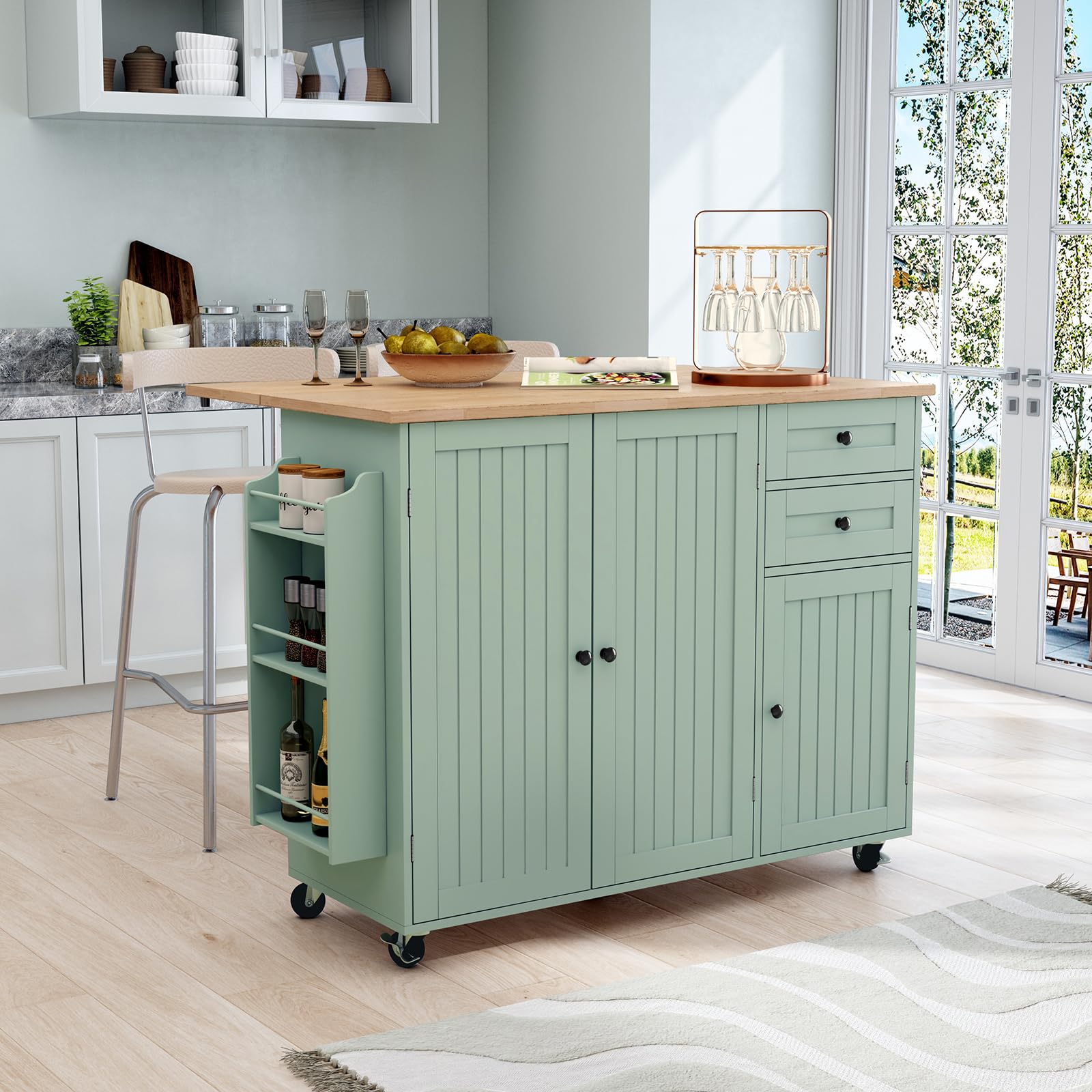 HLR Sage Green Rolling Kitchen Island with Storage