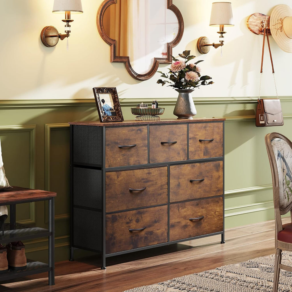 WLIVE 7 Drawer Dresser TV Stand - Rustic Brown Wood Grain Print