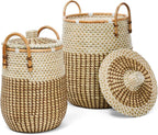 Set of 2 hand-woven seagrass laundry hampers with lids and rattan handles
