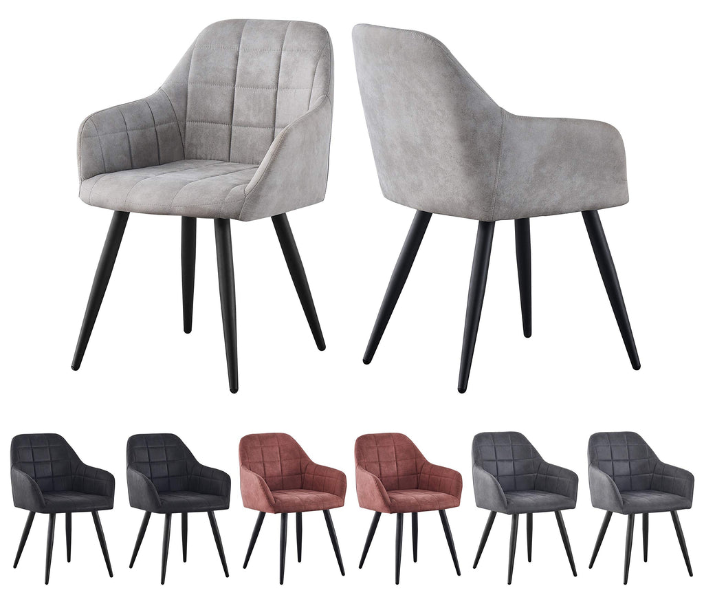 Set of 2 light grey faux suede leather dining chairs with metal frame and flared legs