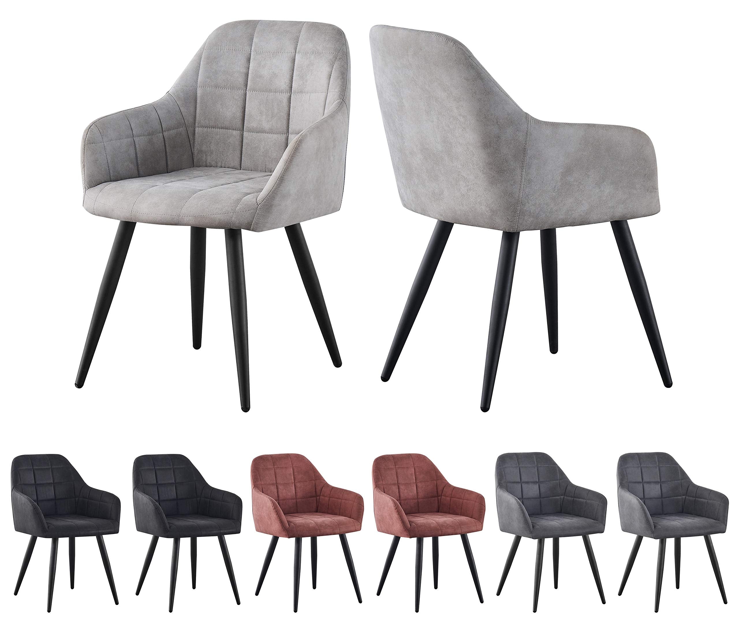 Set of 2 light grey faux suede leather dining chairs with metal frame and flared legs