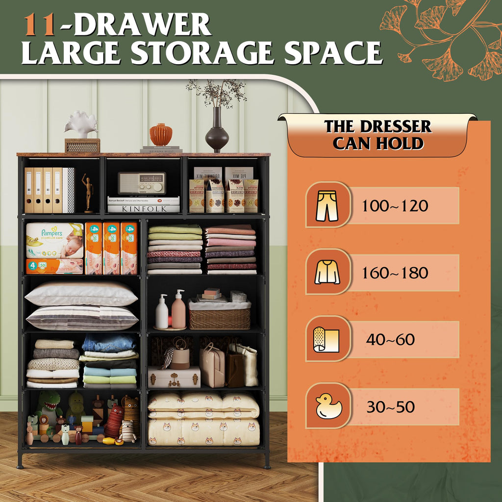 WLIVE 11-Drawer Tall Dresser with Fabric Drawers and Wood Top