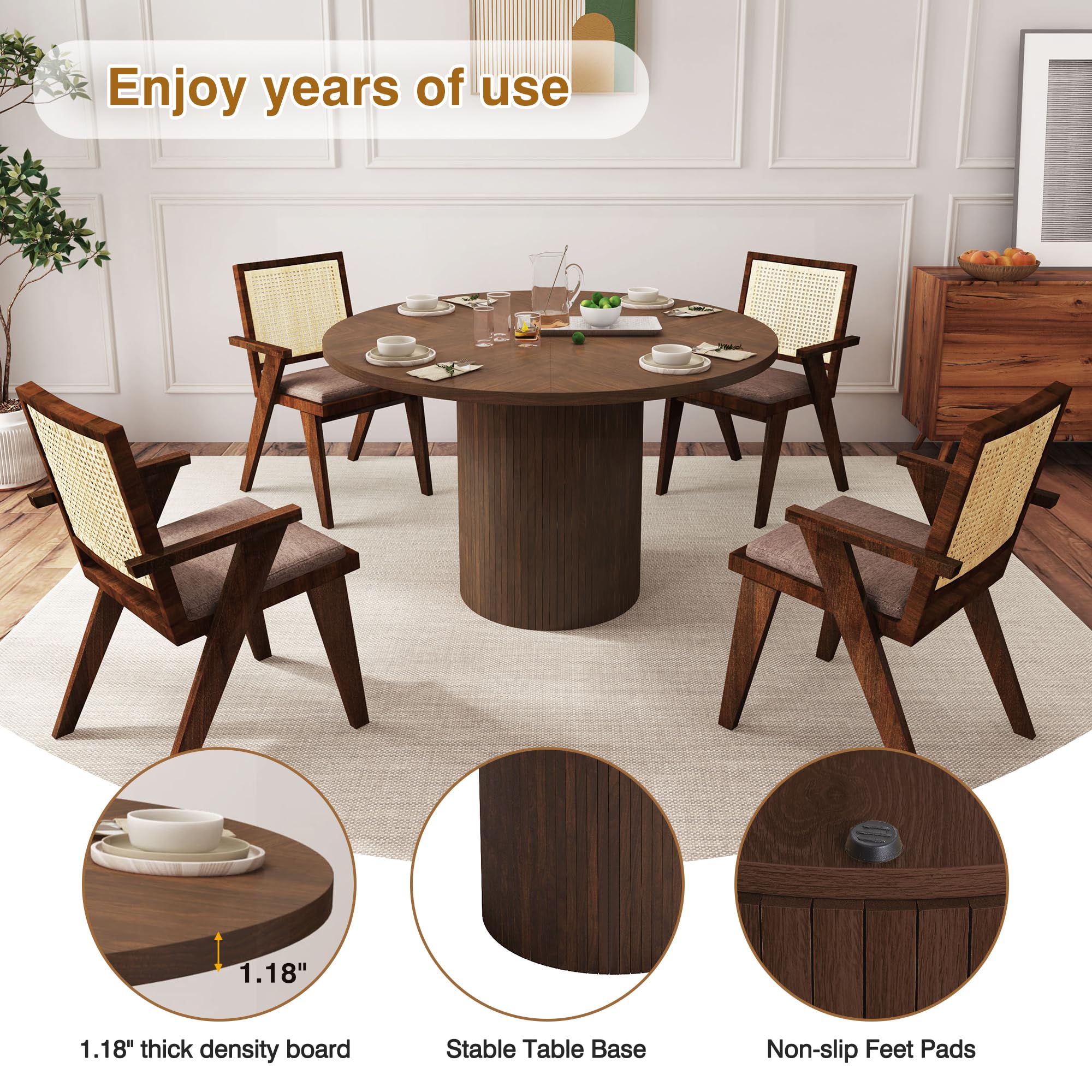 QHITTY Fluted Round Dining Table, 47-inch Walnut