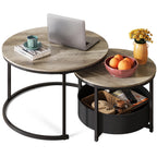 WLIVE round coffee table set with fabric storage baskets on an oak wood grain tabletop
