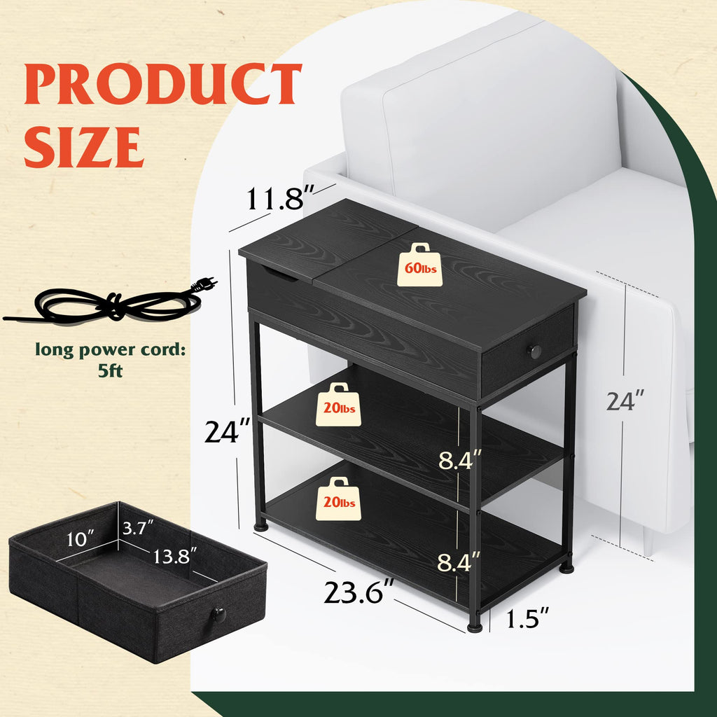 WLIVE 3-Tier Side Table with Charging Station