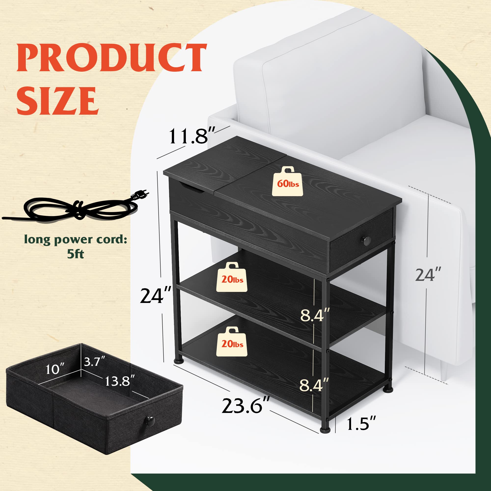 WLIVE 3-Tier Side Table with Charging Station