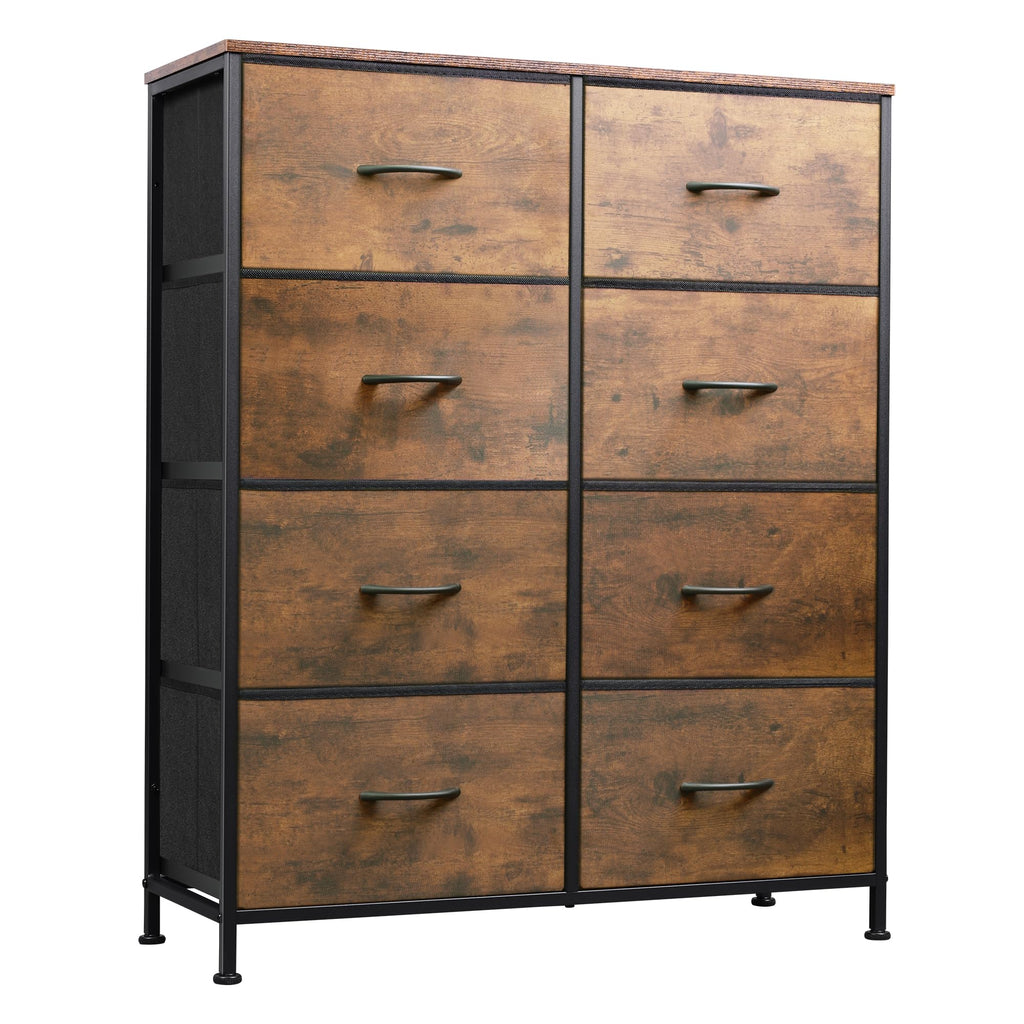 WLIVE 8-Drawer Fabric Dresser with Storage Tower in Rustic Brown Wood Grain Print