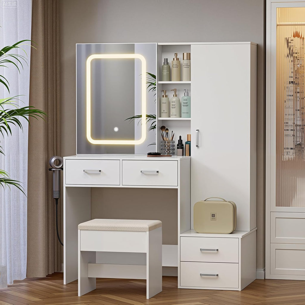 Aiorber Dressing Table with LED Lighting and Stool - White