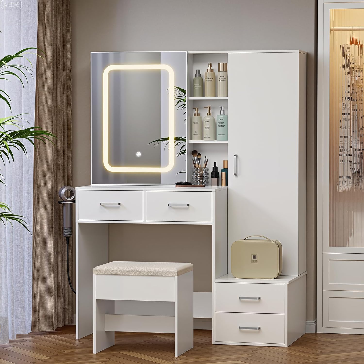 Aiorber Dressing Table with LED Lighting and Stool - White