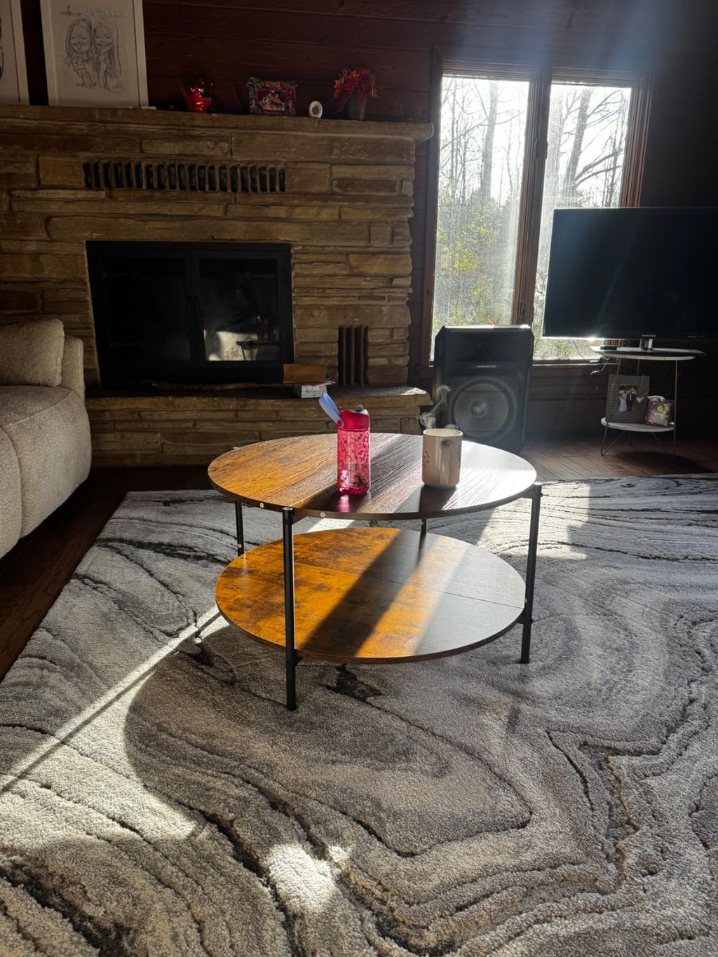 WLIVE Round Industrial Coffee Table with Open Storage
