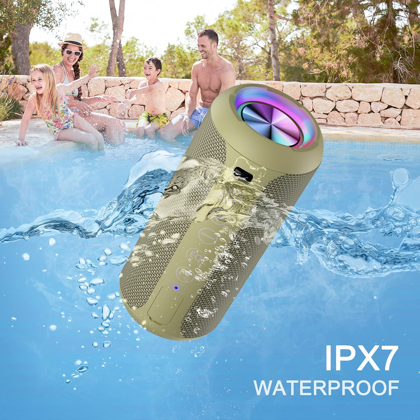 Sleek Waterproof Bluetooth Speaker with LED Lights – Immersive Sound for Outdoor and Indoor Adventures