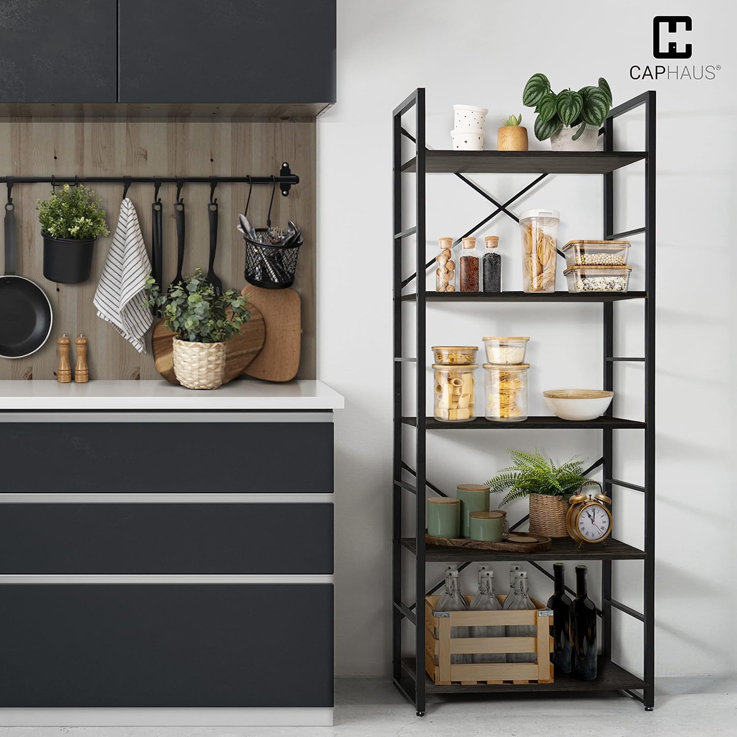 CAPHAUS 5 Tier Bookshelf - Black Vintage Shelves