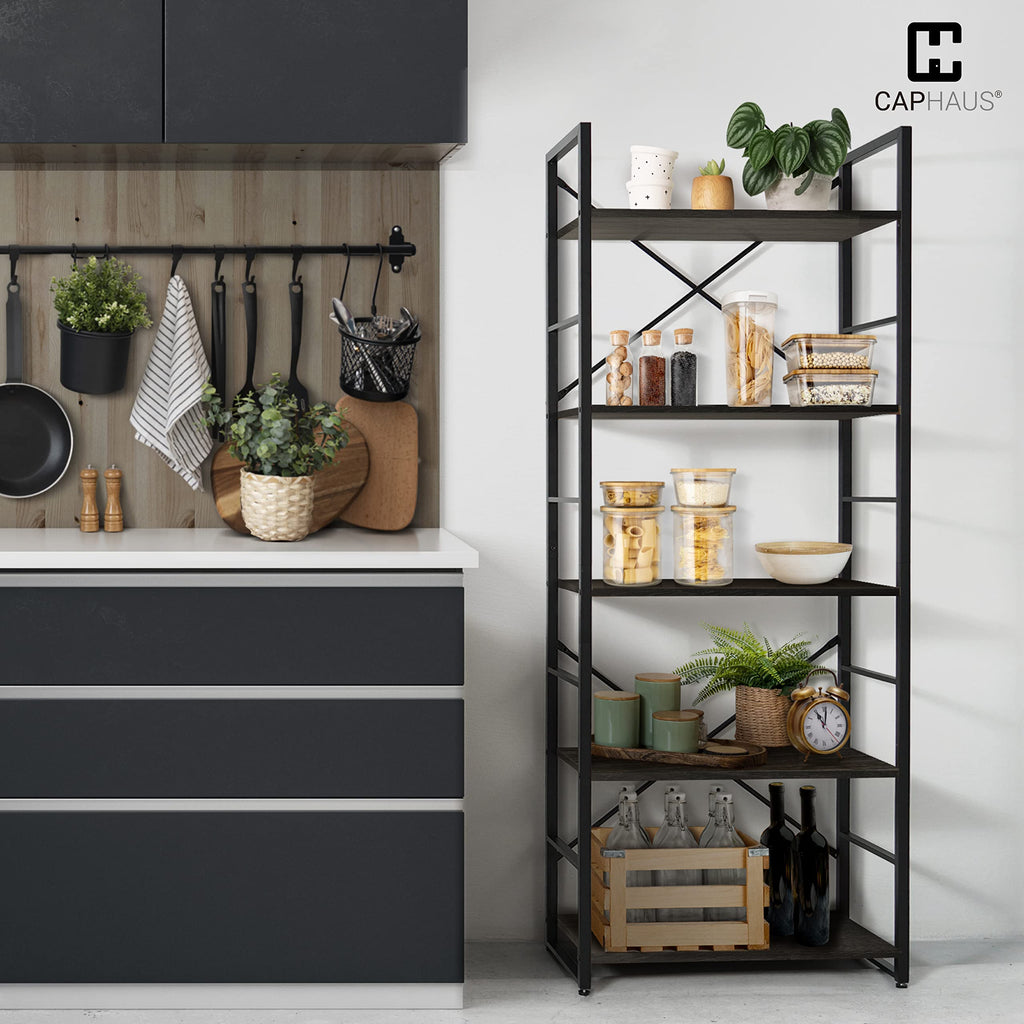 CAPHAUS 5 Tier Industrial Bookshelf with Black Vintage Shelves