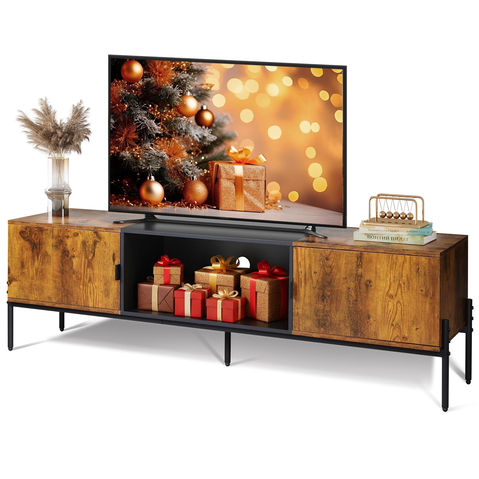 Mid-Century Modern TV Stand with wood-grain cabinets and metal legs by WLIVE, suitable for 55-65 inch TVs