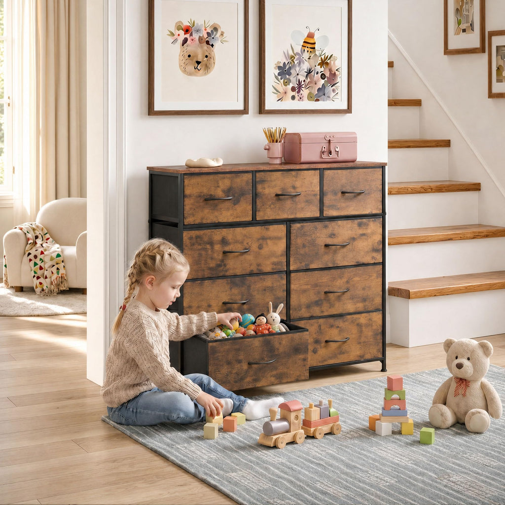 WLIVE 9-Drawer Fabric Storage Tower with Wood Top