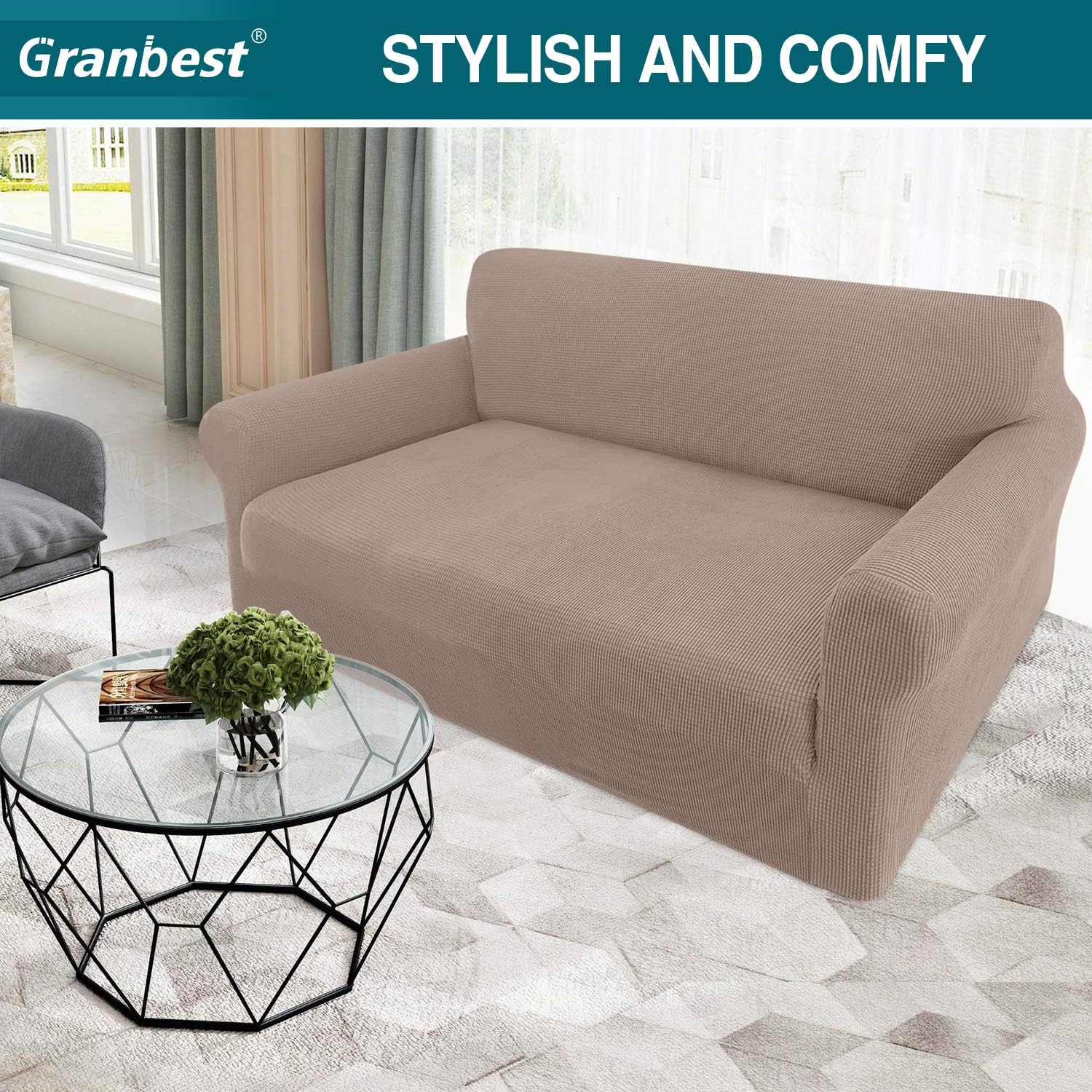 Granbest 2 Seater Sofa Cover - Sand Stretch Jacquard
