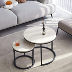 Symylife modern white round nesting coffee tables set with metal legs and wood surface
