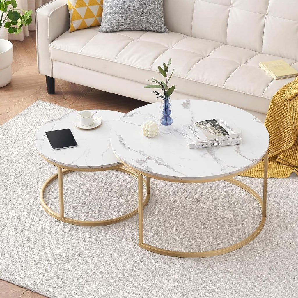 Ginhow Set of 2 Round Coffee Tables White Marble Design