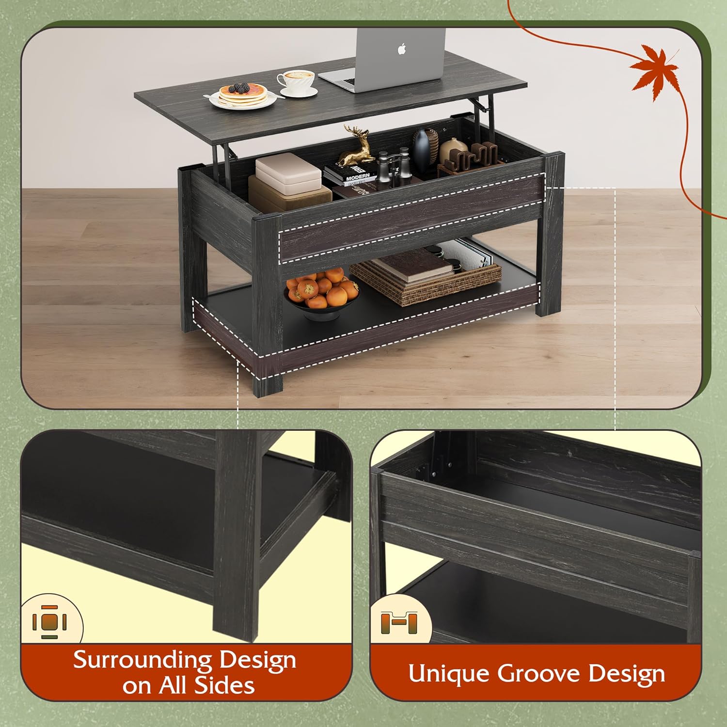 WLIVE Lift Top Coffee Table with Hidden Compartment - Espresso