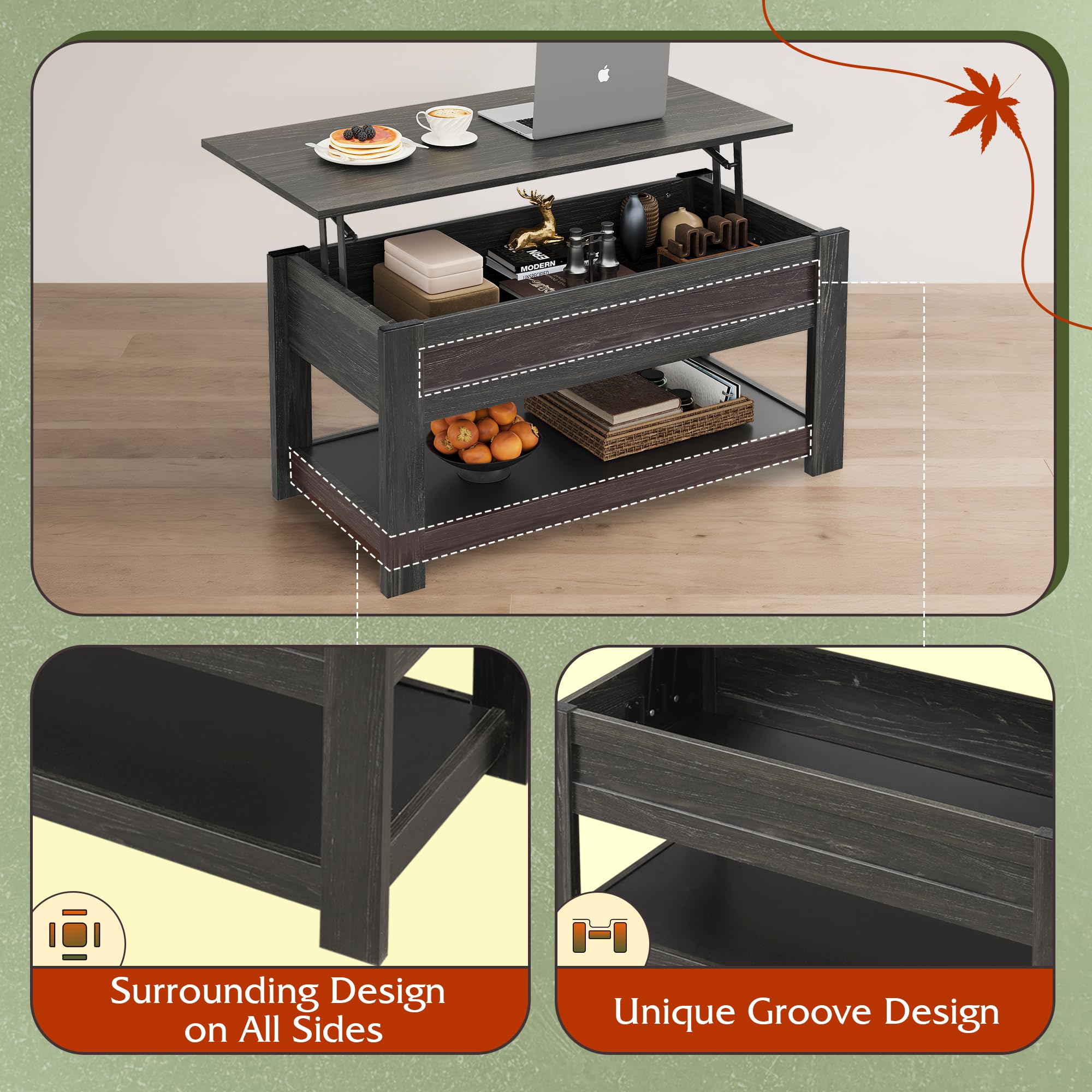 WLIVE Espresso Lift Top Coffee Table with Storage