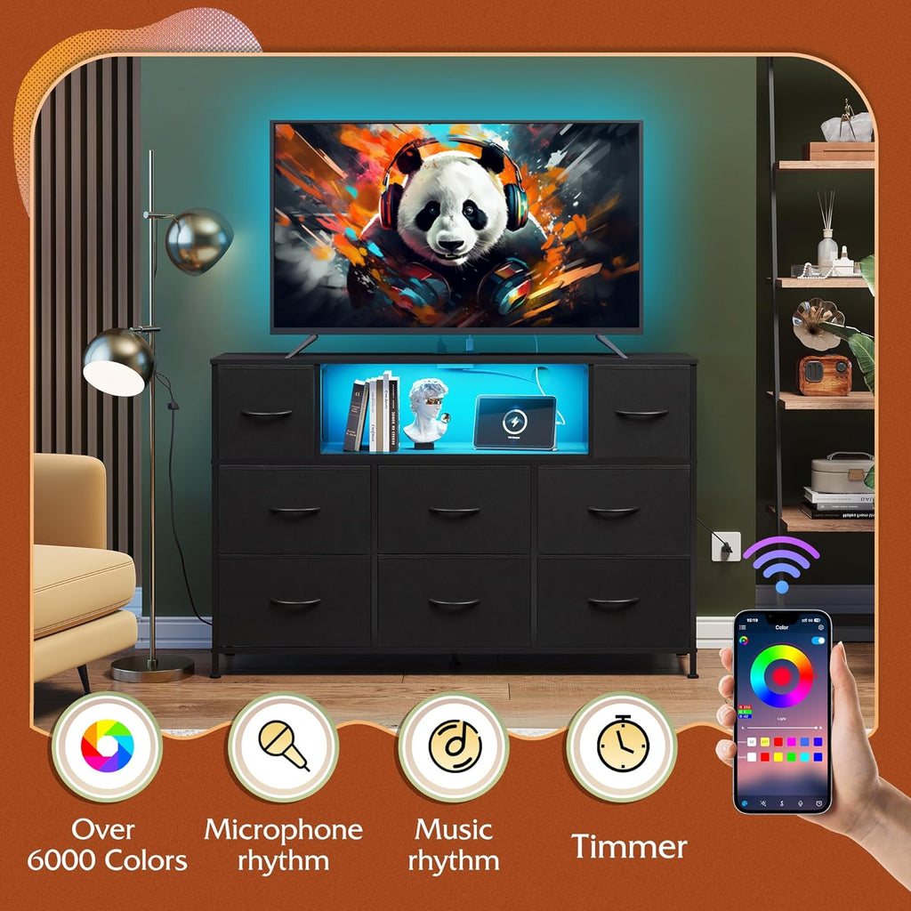 WLIVE Black Dresser TV Stand with LED Lights and Charging Station