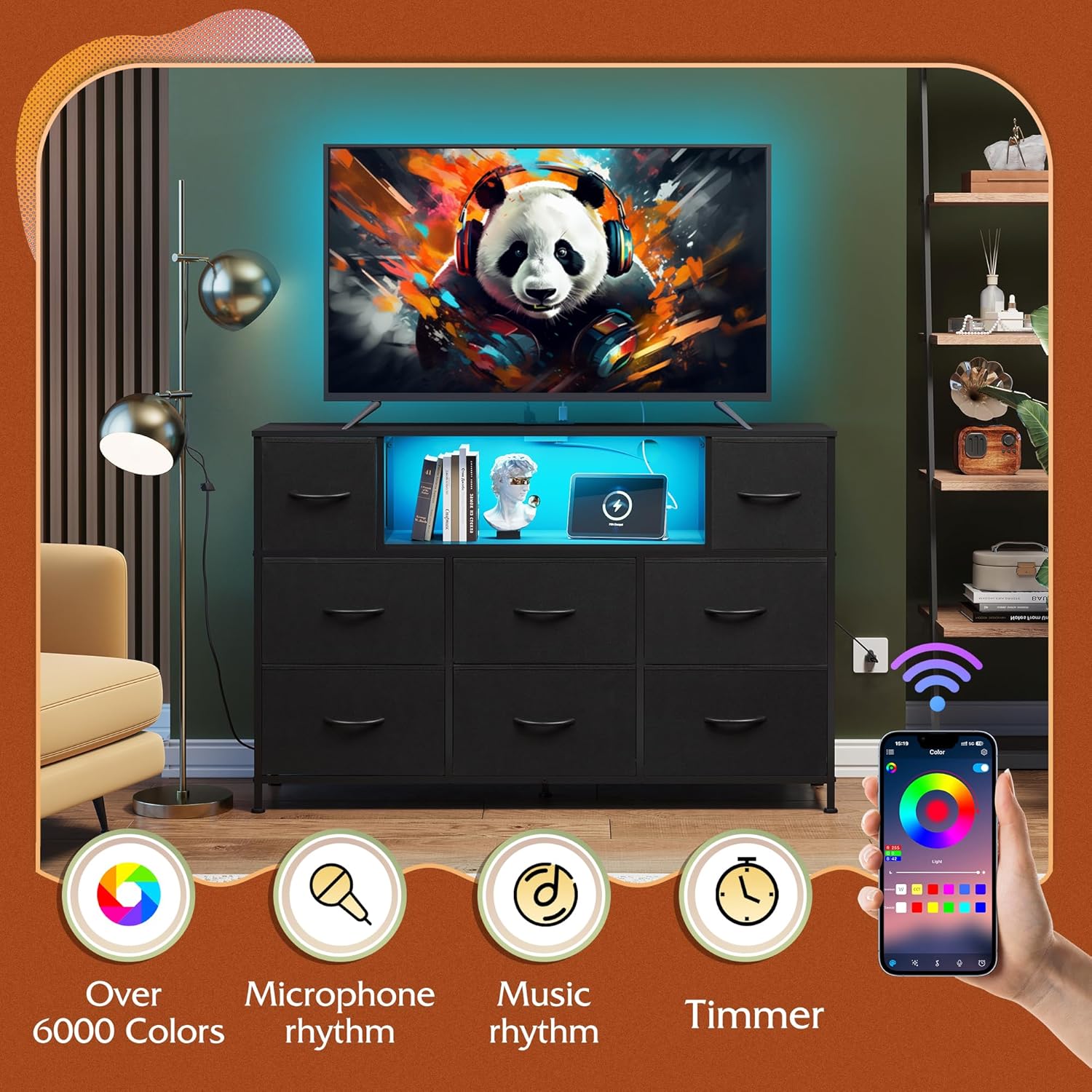 WLIVE Black Dresser TV Stand with LED Lights and Charging Station