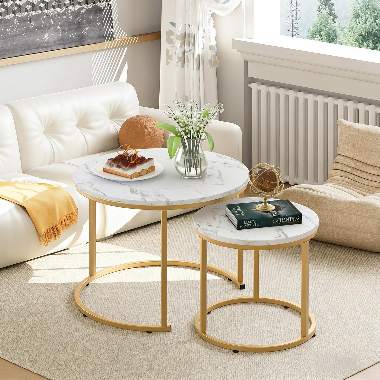 Aboxoo Nesting Coffee Table Set with White Marble Pattern
