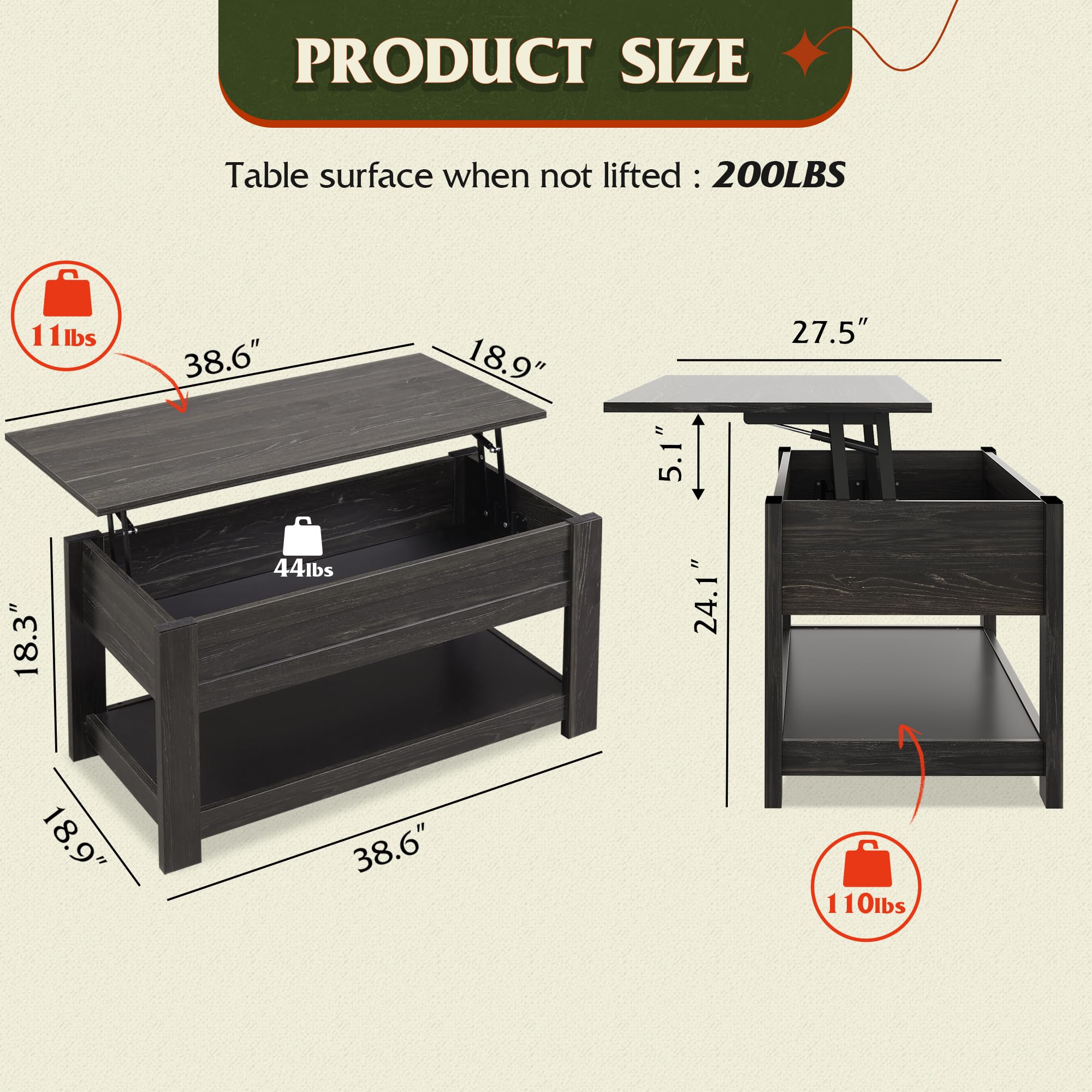 WLIVE Espresso Lift Top Coffee Table with Storage
