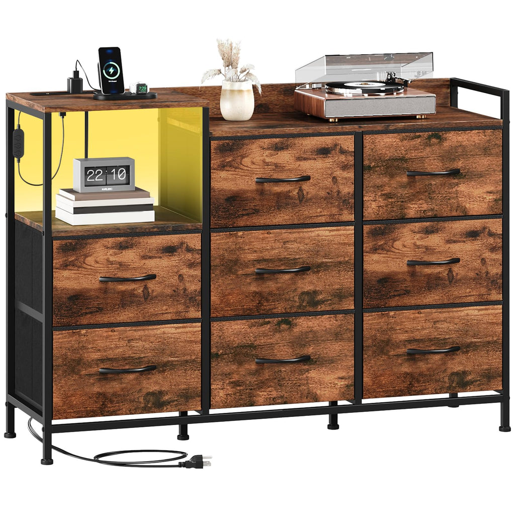 Somdot 8-drawer dresser with charging station and LED light strip, featuring wood grain print