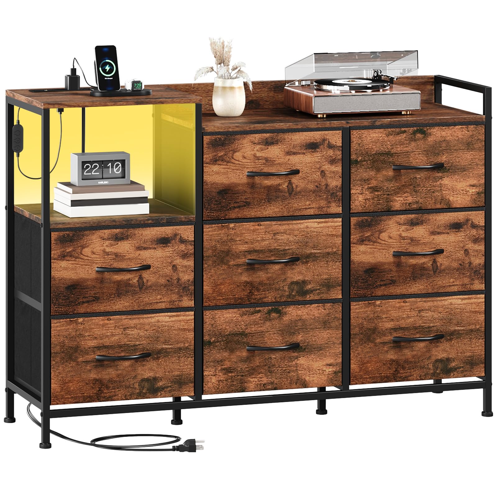 Somdot 8-drawer dresser with charging station and LED light strip, featuring wood grain print