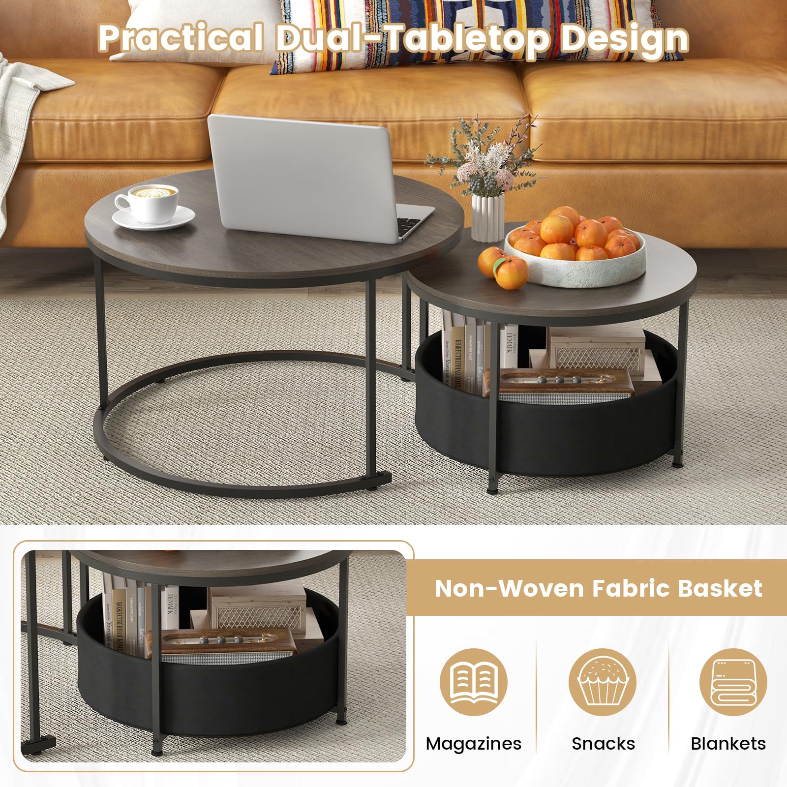 COSTWAY Round Nesting Coffee Tables Set with Storage Basket