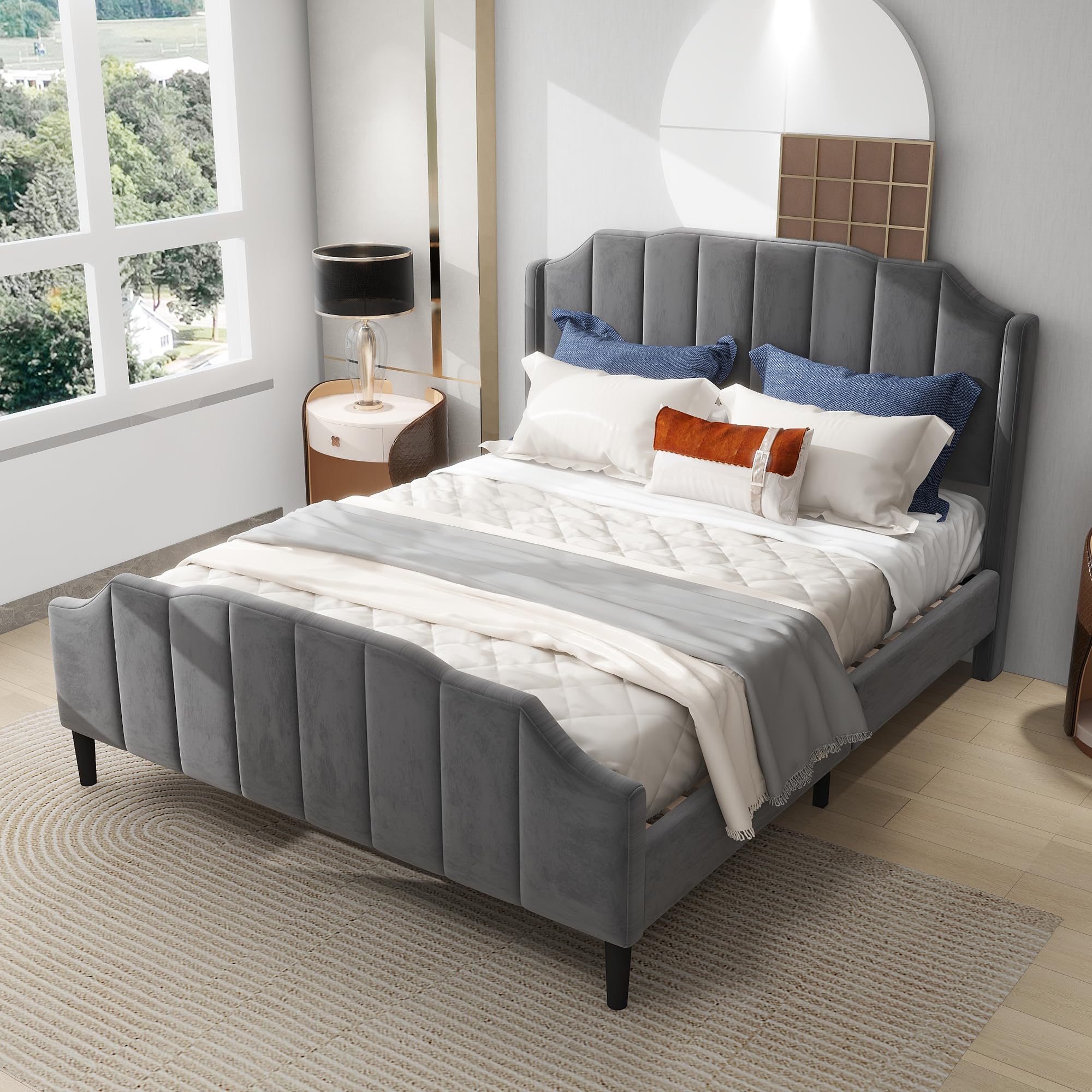 Dalred Grey Upholstered Bed Frame with Velvet Padding