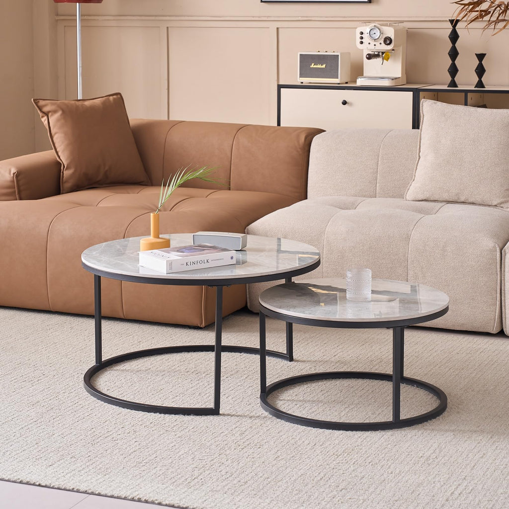 JZGORC 2-Piece Round Coffee Table Set with Grey Marble Top and Black Metal Frame