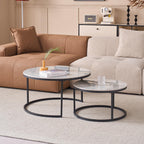 JZGORC 2-Piece Round Coffee Table Set with Grey Marble Top and Black Metal Frame