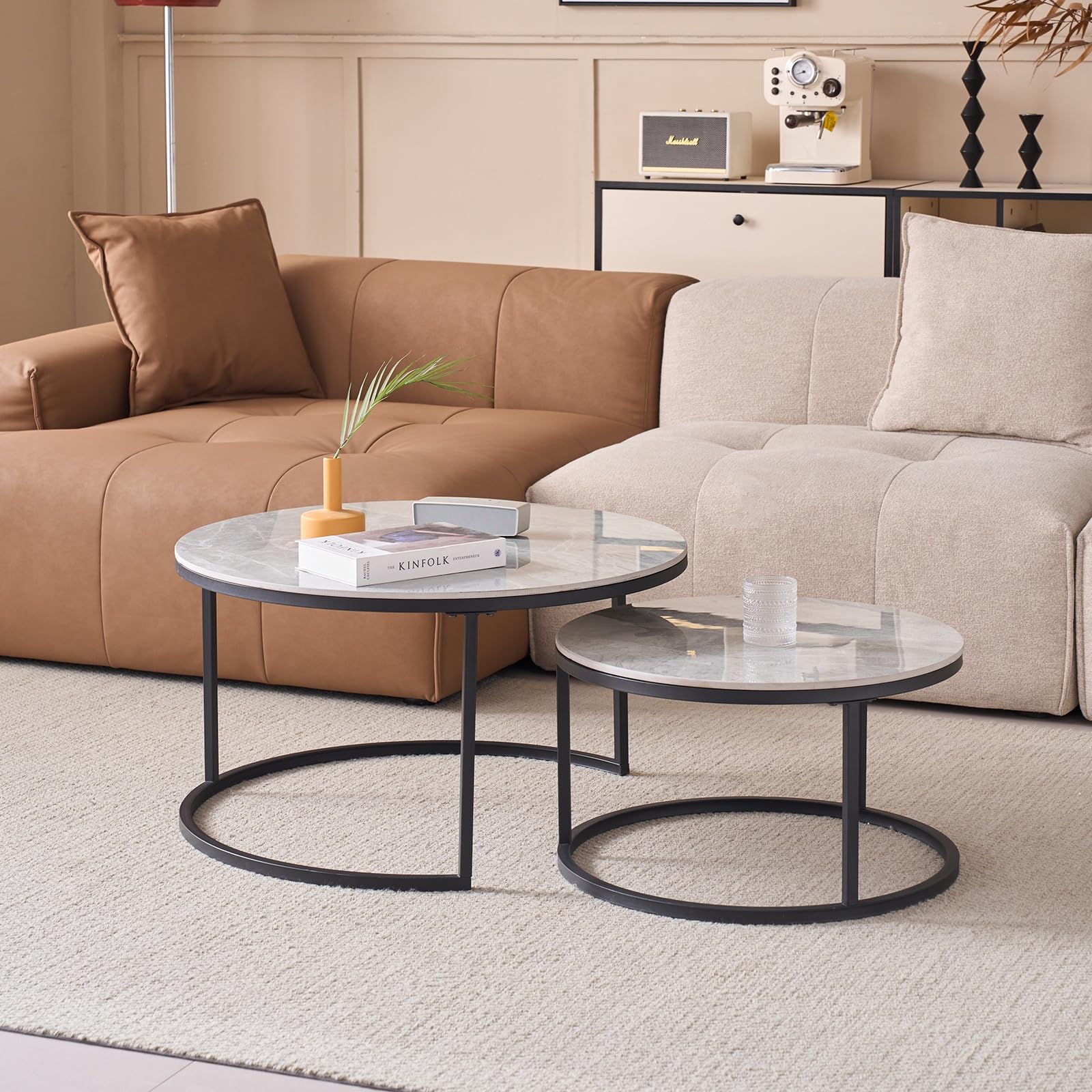 JZGORC 2-Piece Round Coffee Table Set with Grey Marble Top and Black Metal Frame