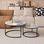 JZGORC 2-Piece Round Coffee Table Set with Grey Marble Top and Black Metal Frame