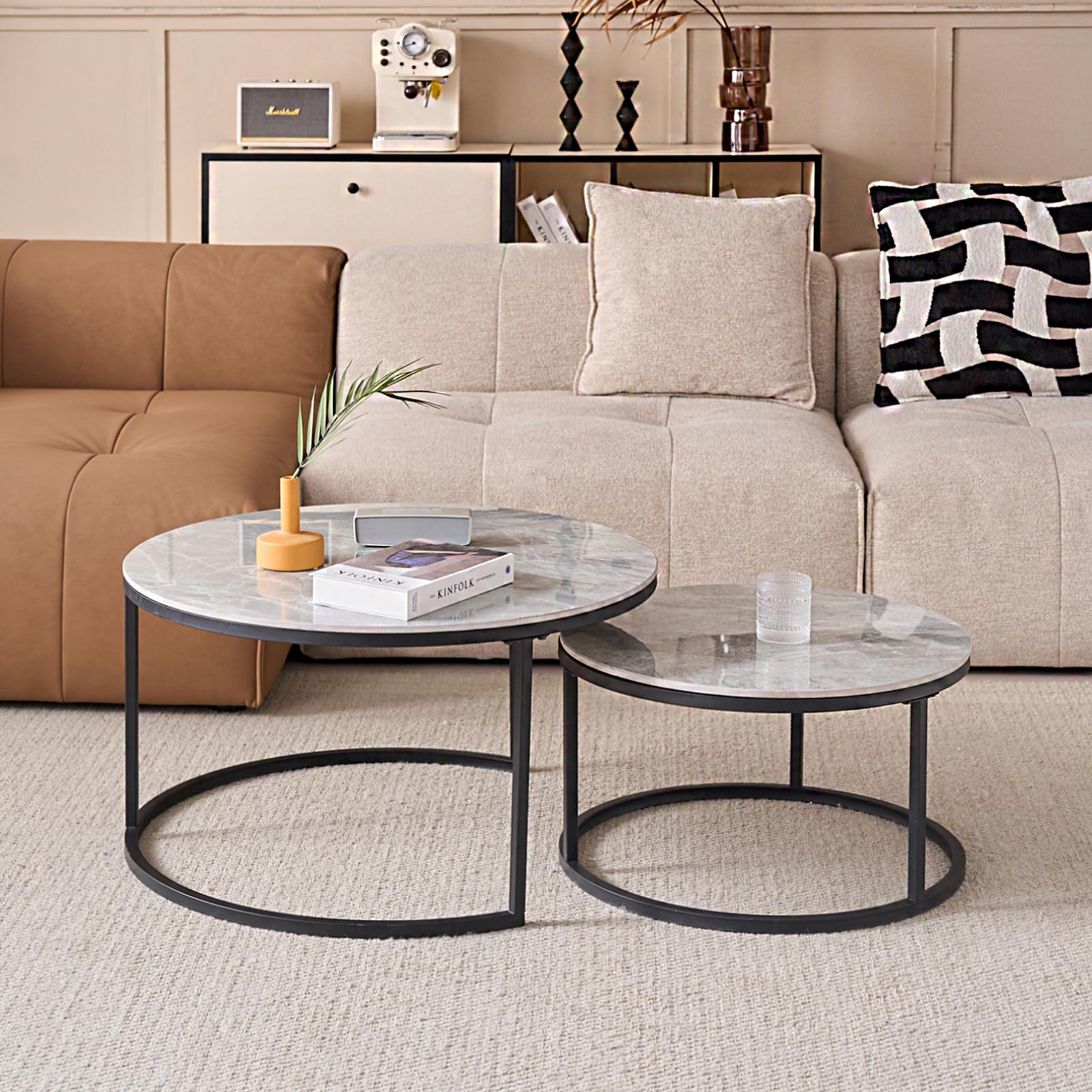 JZGORC 2-Piece Round Coffee Table Set with Grey Marble Top and Black Metal Frame