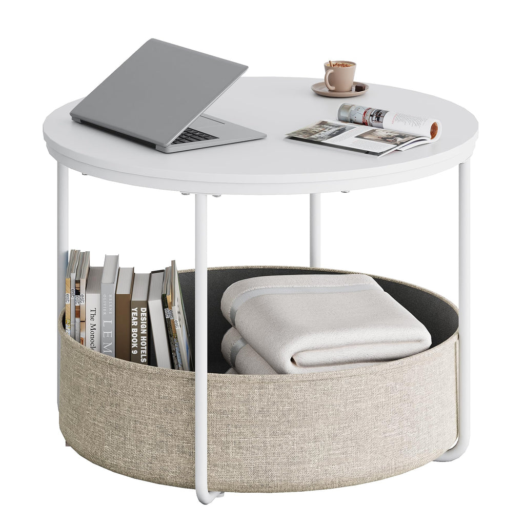 WLIVE round white coffee table with a metal frame and fabric basket for storage