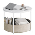 WLIVE round white coffee table with a metal frame and fabric basket for storage