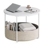 WLIVE round white coffee table with a metal frame and fabric basket for storage