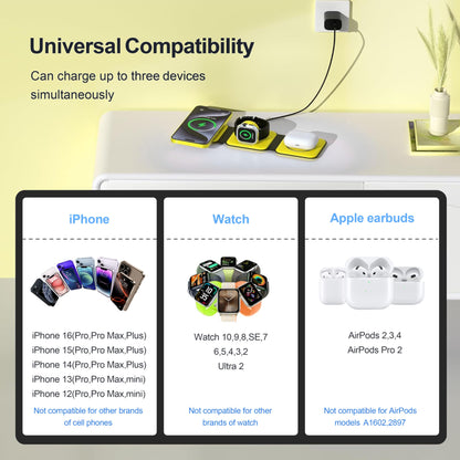 Portable Foldable Magnetic Wireless Charging Station | 3-in-1 Fast Charger for iPhone, Apple Watch & AirPods | Compact & Travel-Friendly Design