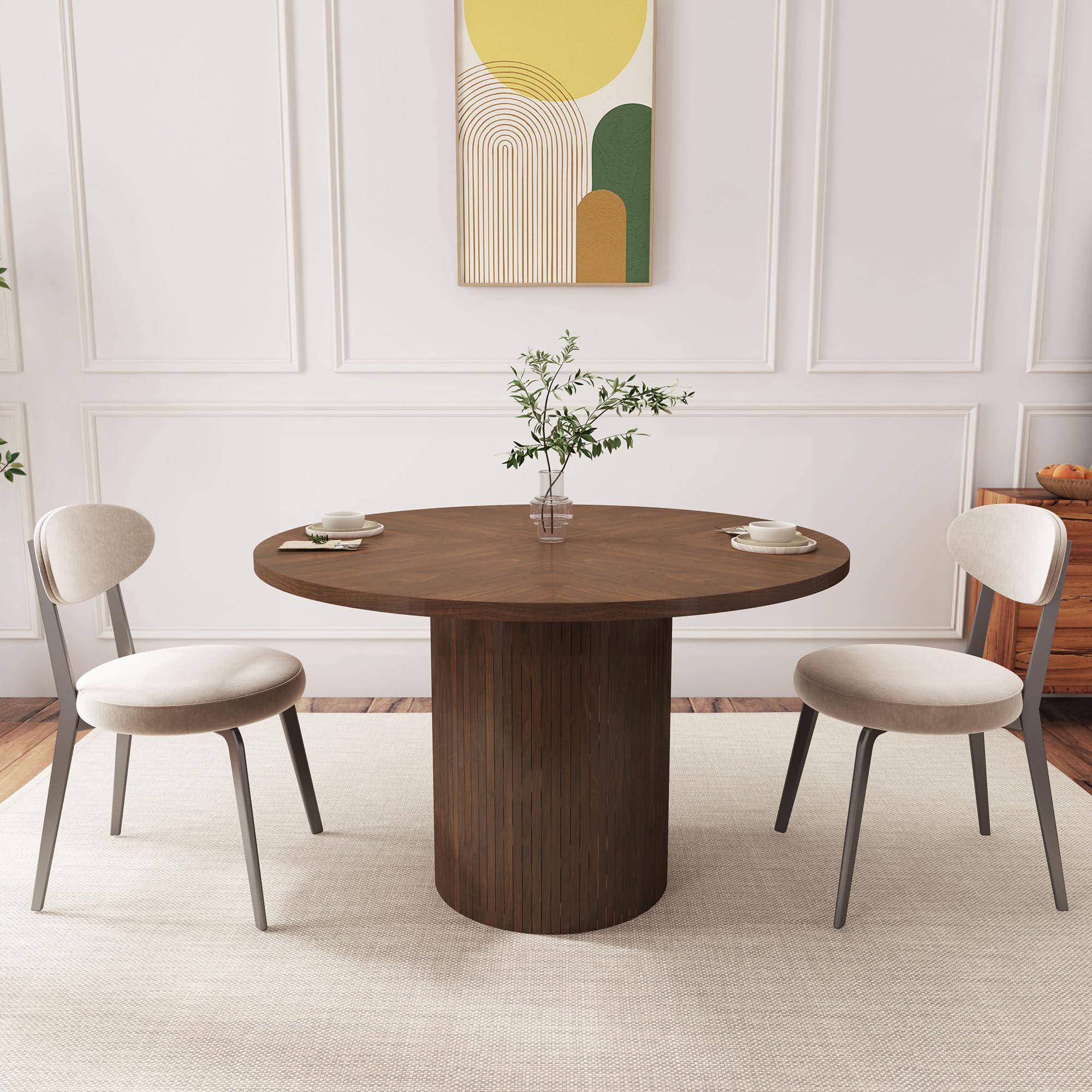QHITTY Fluted Round Dining Table with walnut finish, Roman column base, and fluted surface design